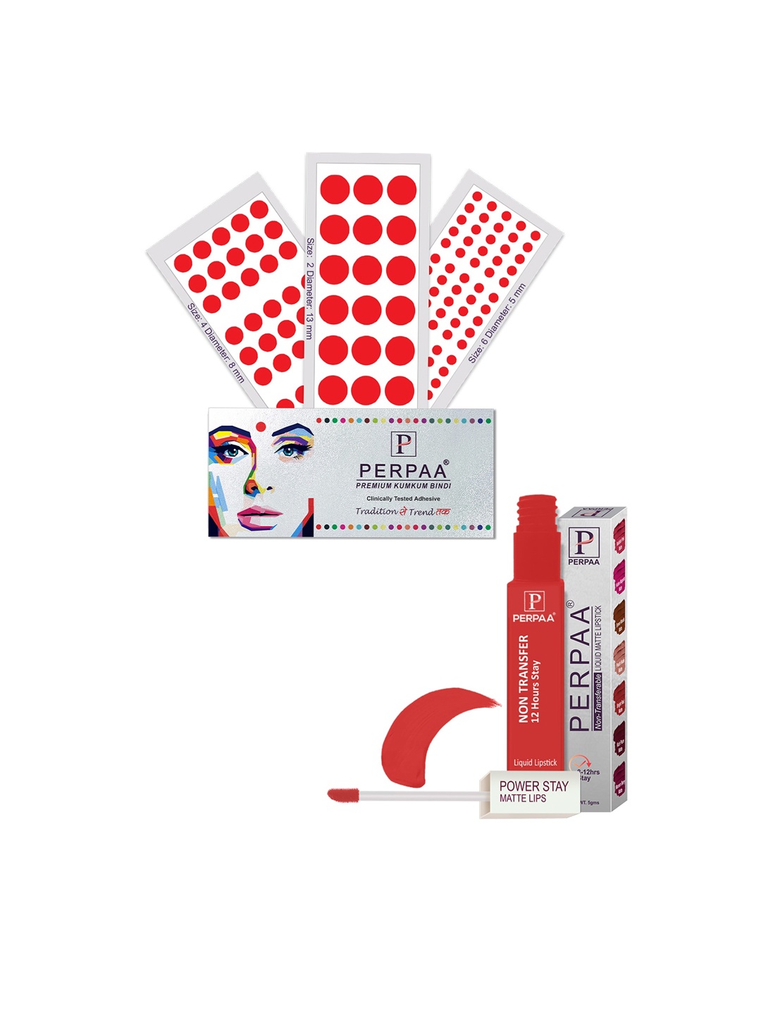 PERPAA Power Stay Non Transfer Lipstick-01 & Set of 3 Premium Red Bindis- Size 02,06,04
PERPAA Power Stay Non Transfer Lipstick-01 & Set of 3 Premium Red Bindis- Size 02,06,04