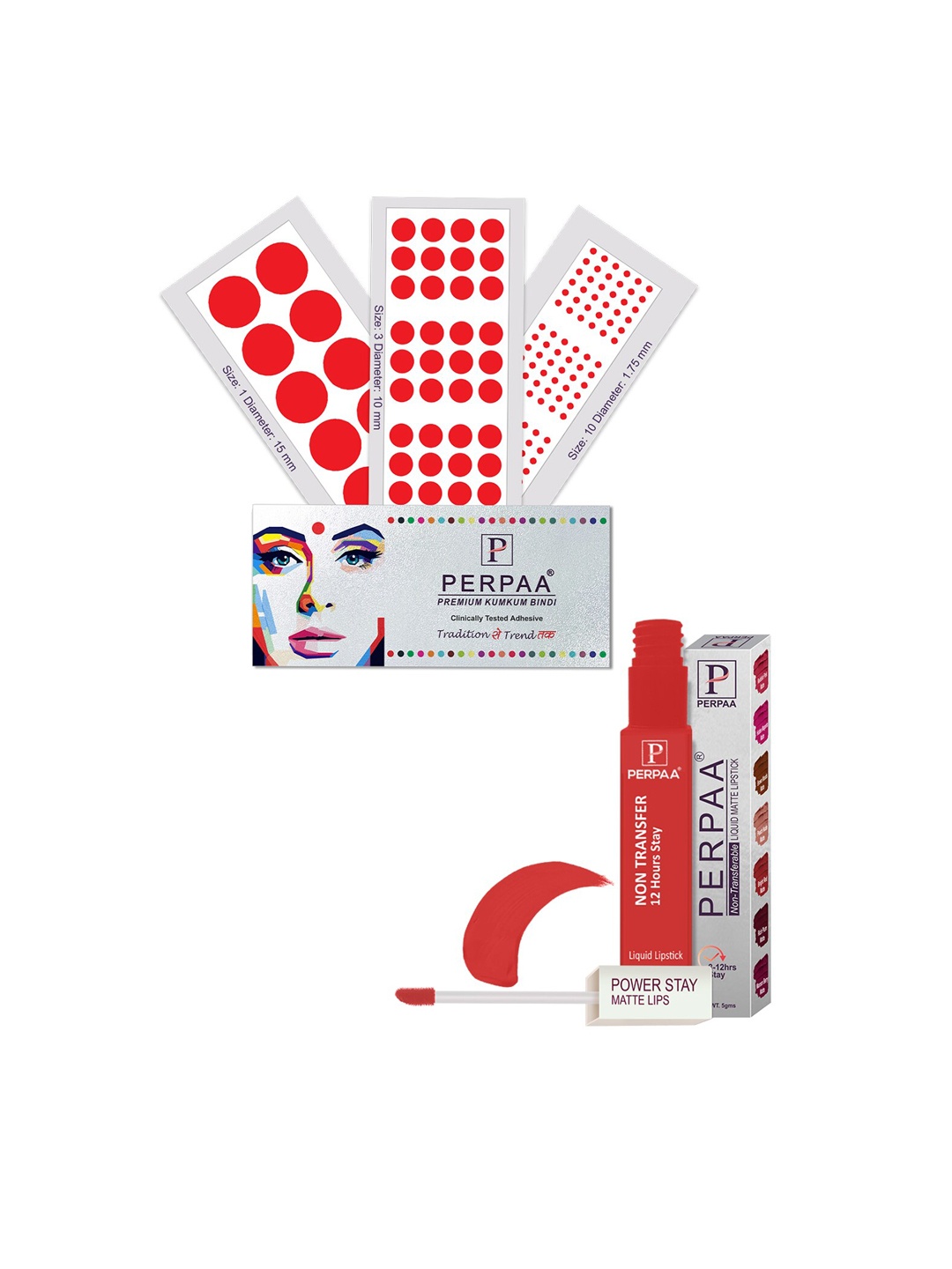 PERPAA Power Stay Non Transfer Lipstick-01 & Set of 3 Premium Red Bindis - Size 01,03,10
PERPAA Power Stay Non Transfer Lipstick-01 & Set of 3 Premium Red Bindis - Size 01,03,10