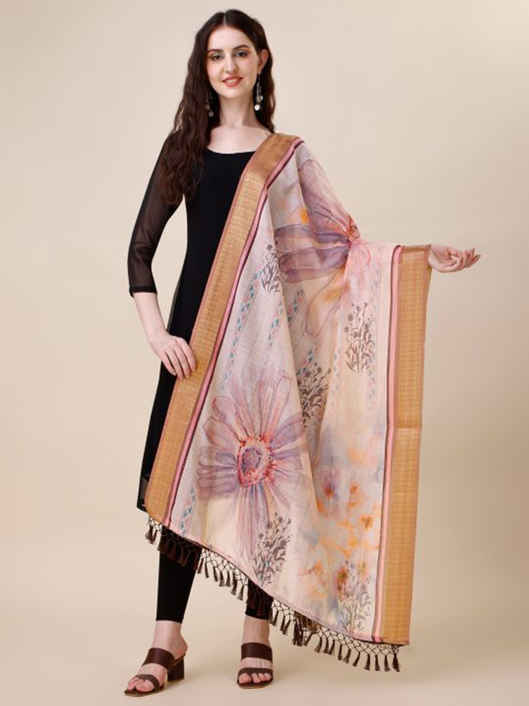 Dori Floral Printed Zari Chanderi Dupatta, Purple