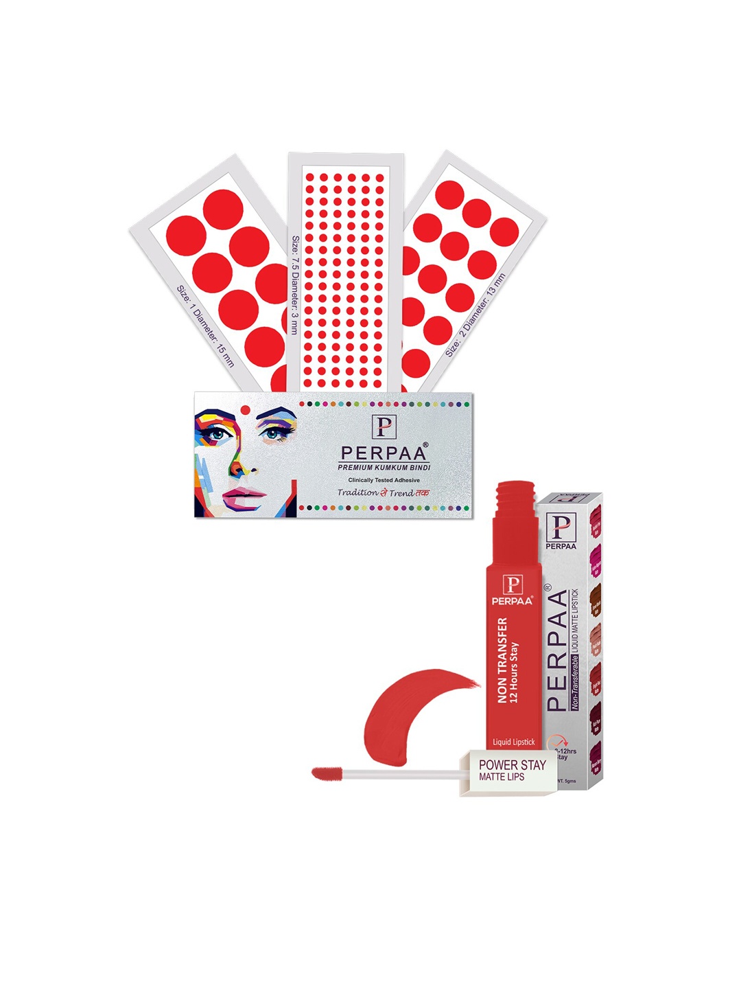 PERPAA Power Stay Non Transfer Lipstick-01 & Set of 3 Premium Red Bindis - Size 7.5,01,02
PERPAA Power Stay Non Transfer Lipstick-01 & Set of 3 Premium Red Bindis - Size 7.5,01,02