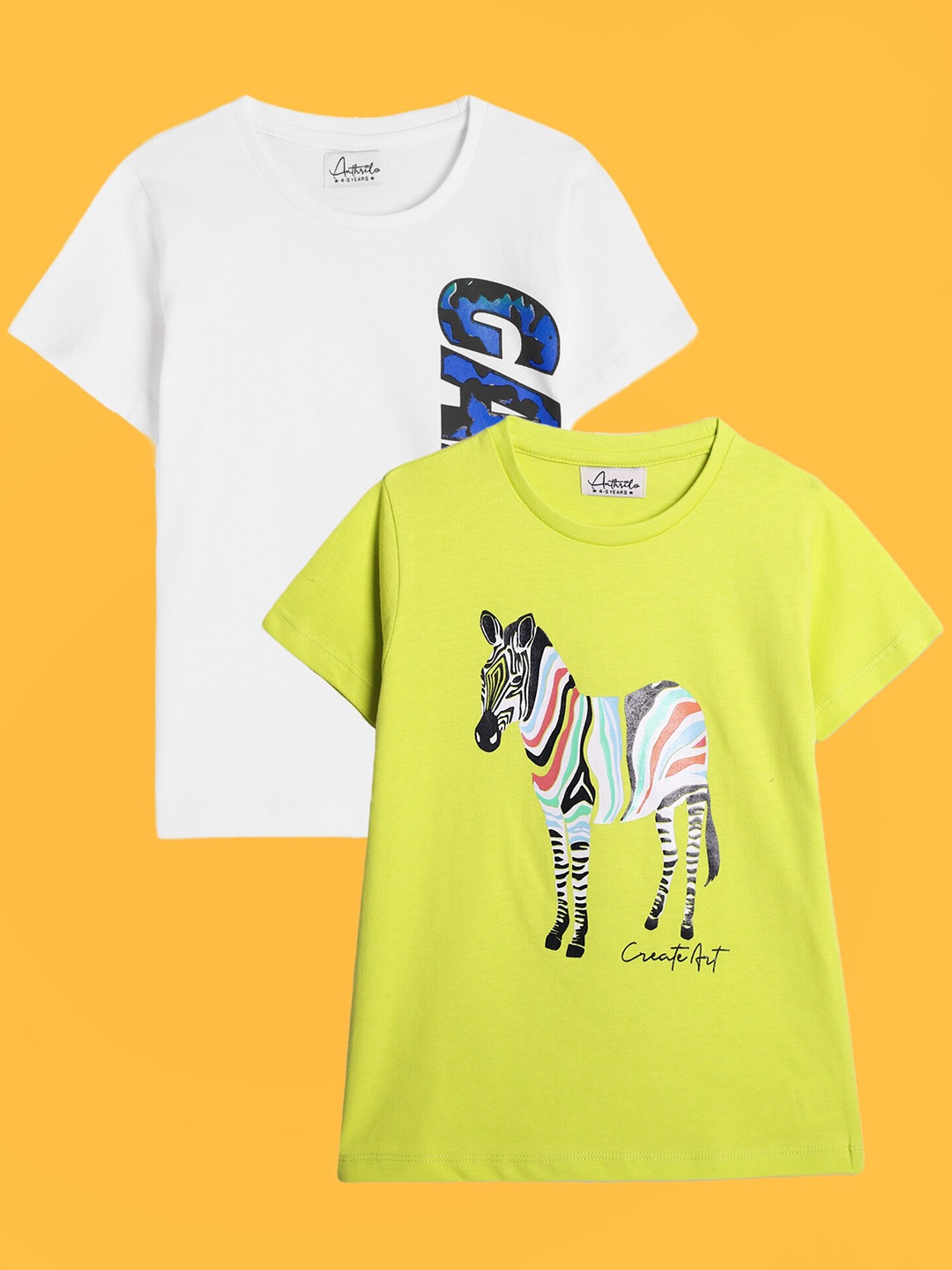 Anthrilo Boys Pack Of 2 Graphic Printed Cotton T-Shirt, White