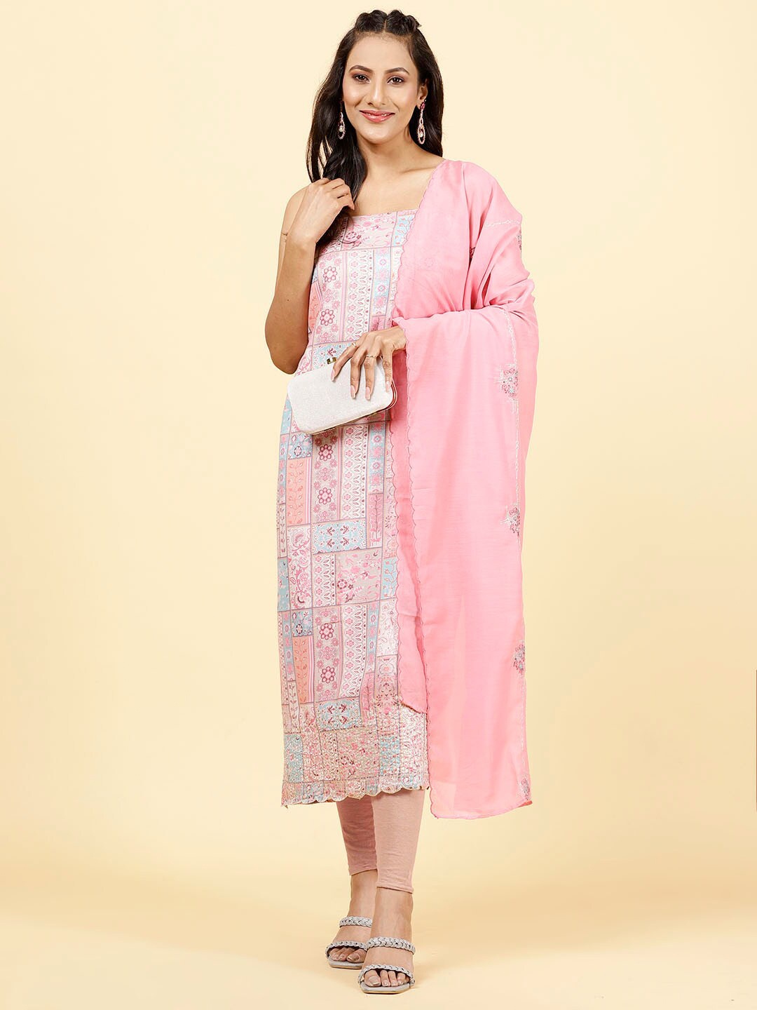 Meena Bazaar Printed Unstitched Dress Material, Beige
