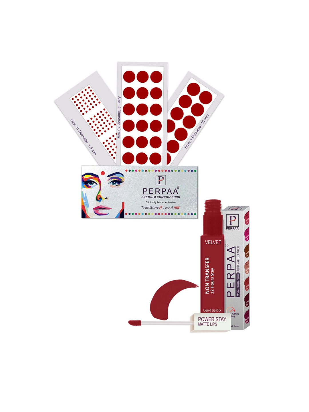 PERPAA Power Stay Non Transfer Lipstick-22 & Set of 3 Premium Bindis - Size 01,02,11, Maroon
PERPAA Power Stay Non Transfer Lipstick-22 & Set of 3 Premium Bindis - Size 01,02,11, Maroon