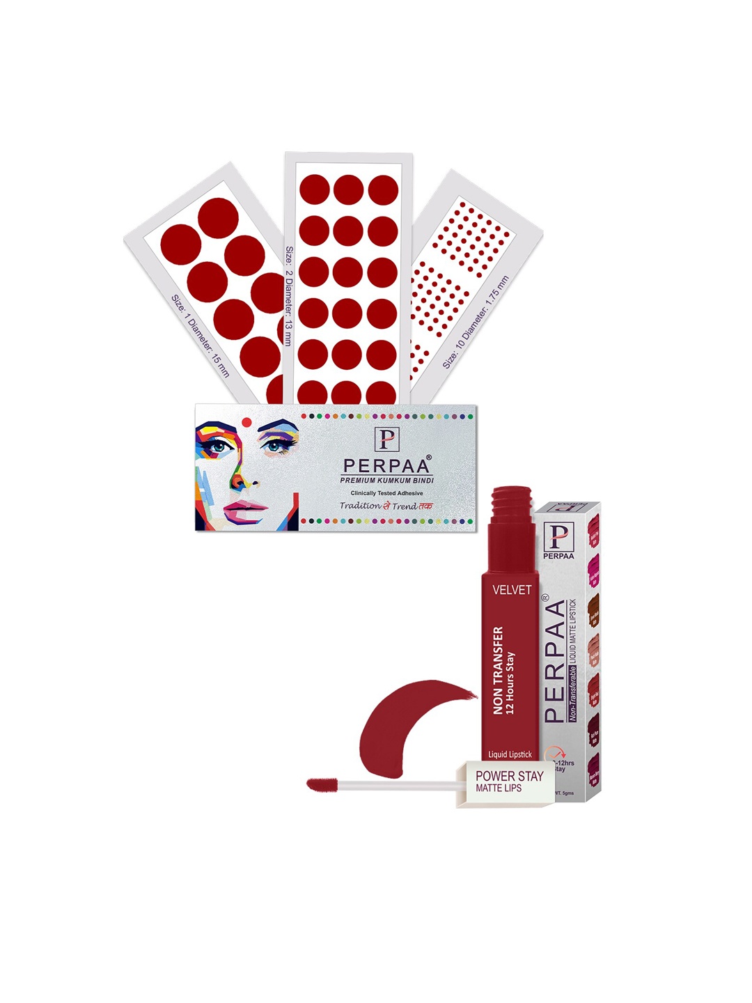PERPAA Power Stay Non Transfer Lipstick-22 & Set of 3 Premium Bindis - Size 01,02,08, Maroon
PERPAA Power Stay Non Transfer Lipstick-22 & Set of 3 Premium Bindis - Size 01,02,08, Maroon