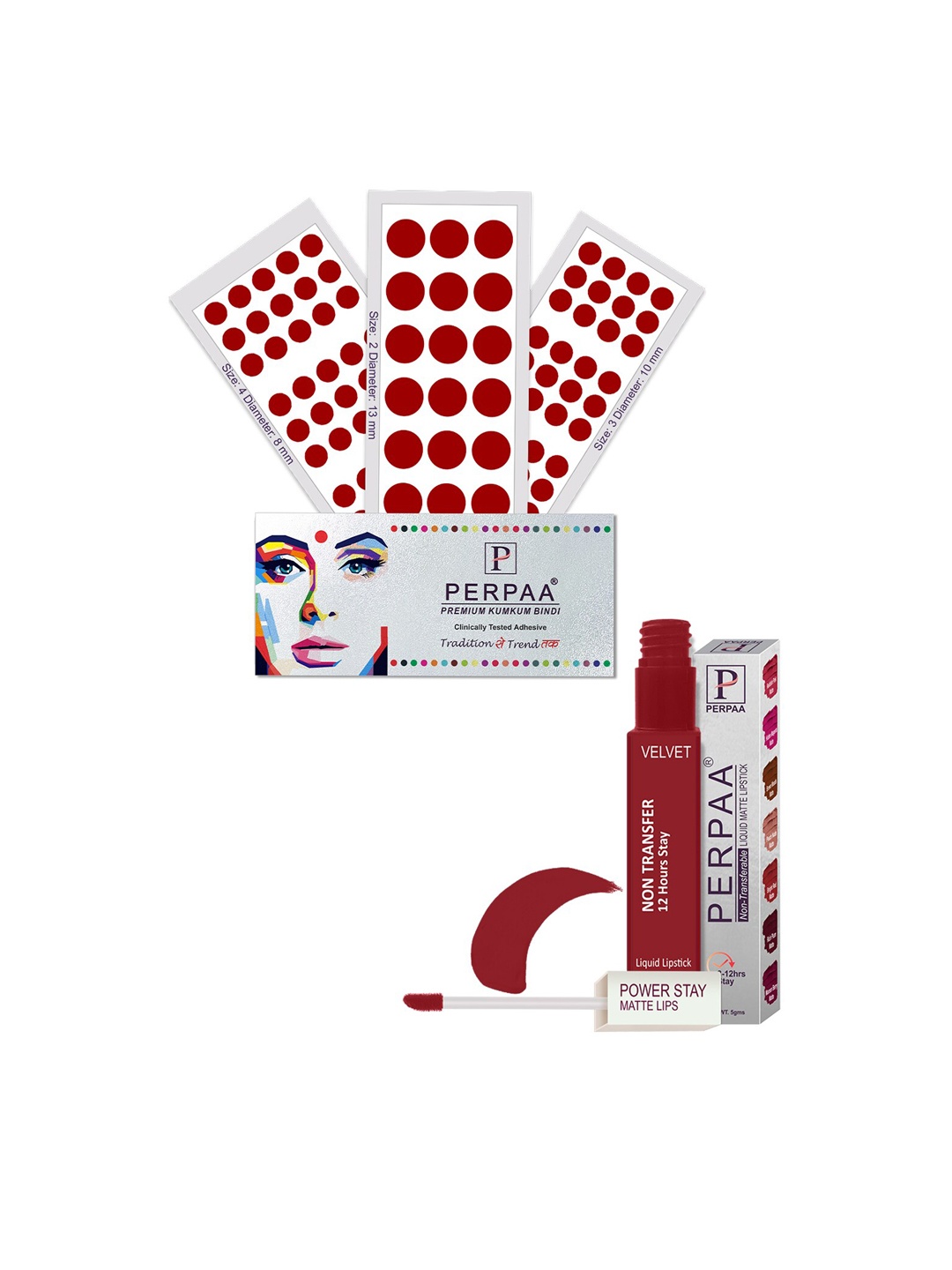 PERPAA Power Stay Non Transfer Lipstick-22 & Set of 3 Premium Bindis - Size 02,03,04, Maroon
PERPAA Power Stay Non Transfer Lipstick-22 & Set of 3 Premium Bindis - Size 02,03,04, Maroon