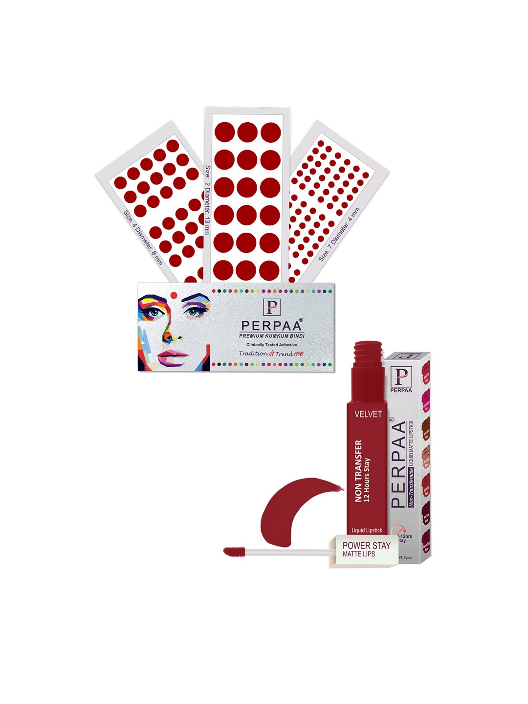 PERPAA Power Stay Non Transfer Lipstick - Shade 22 & Set of 3 Premium Light Maroon Bindis
PERPAA Power Stay Non Transfer Lipstick - Shade 22 & Set of 3 Premium Light Maroon Bindis