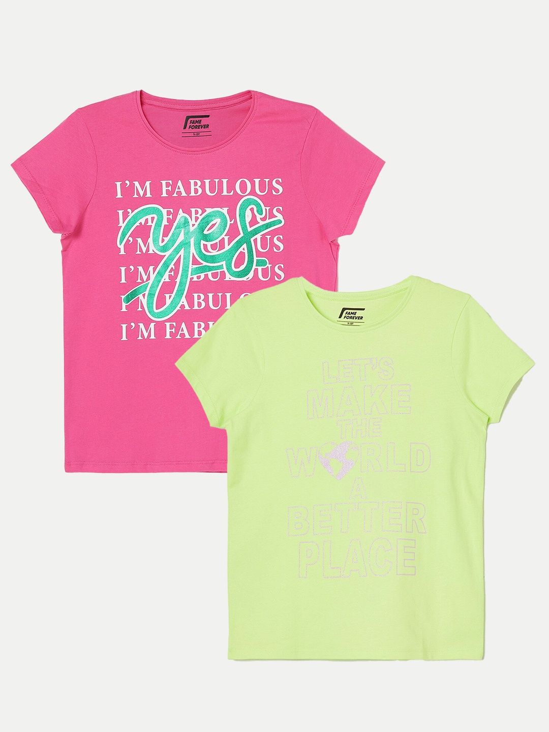 Fame Forever by Lifestyle Girls Pack of 2 Typography Printed Cotton T-Shirt, Lime green
Fame Forever by Lifestyle Girls Pack of 2 Typography Printed Cotton T-Shirt, Lime green