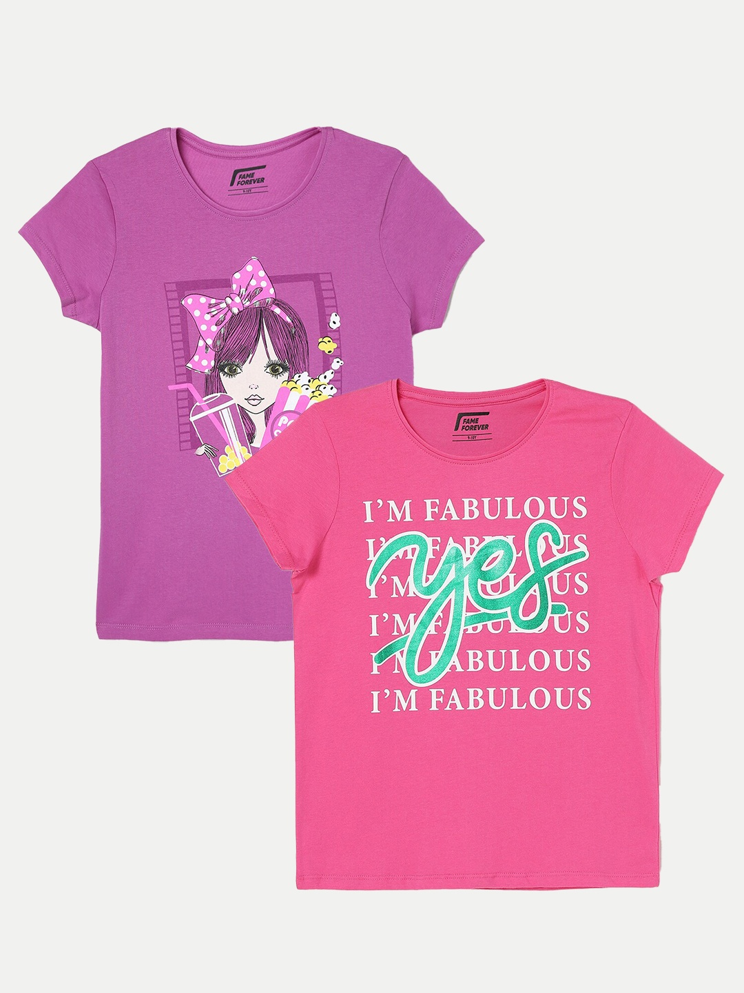 Fame Forever by Lifestyle Girls Pack of 2 Printed Cotton T-Shirt, Pink