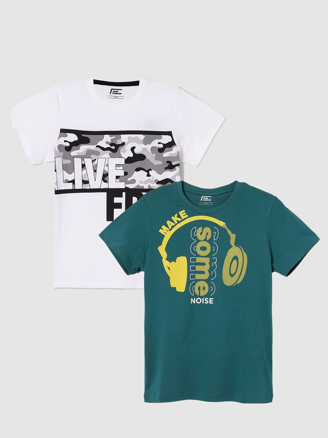 Fame Forever by Lifestyle Boys Pack Of 2 Printed Cotton T-Shirts, Teal
