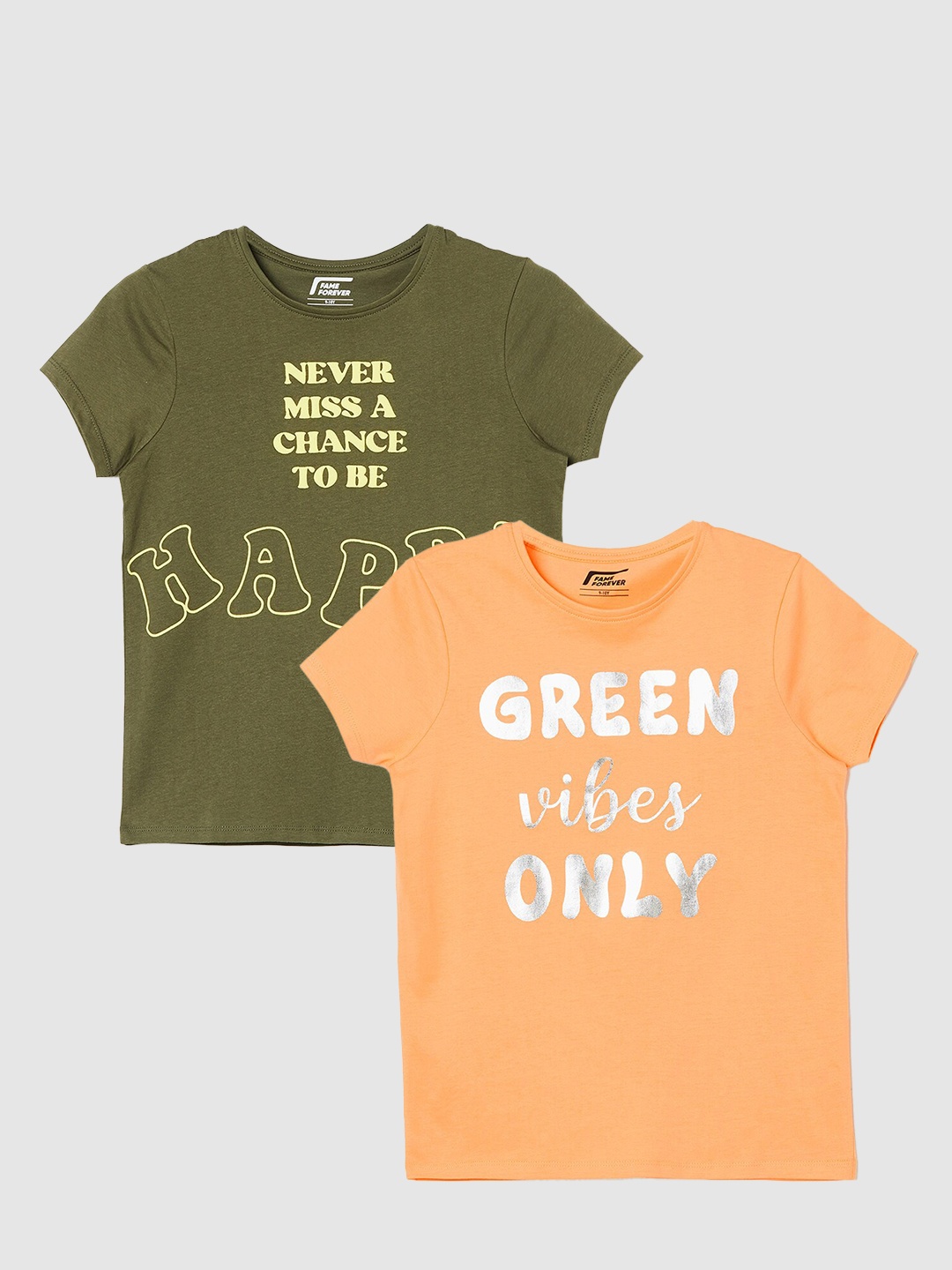 Fame Forever by Lifestyle Girls Pack Of 2 Printed Pure Cotton T-Shirts, Olive