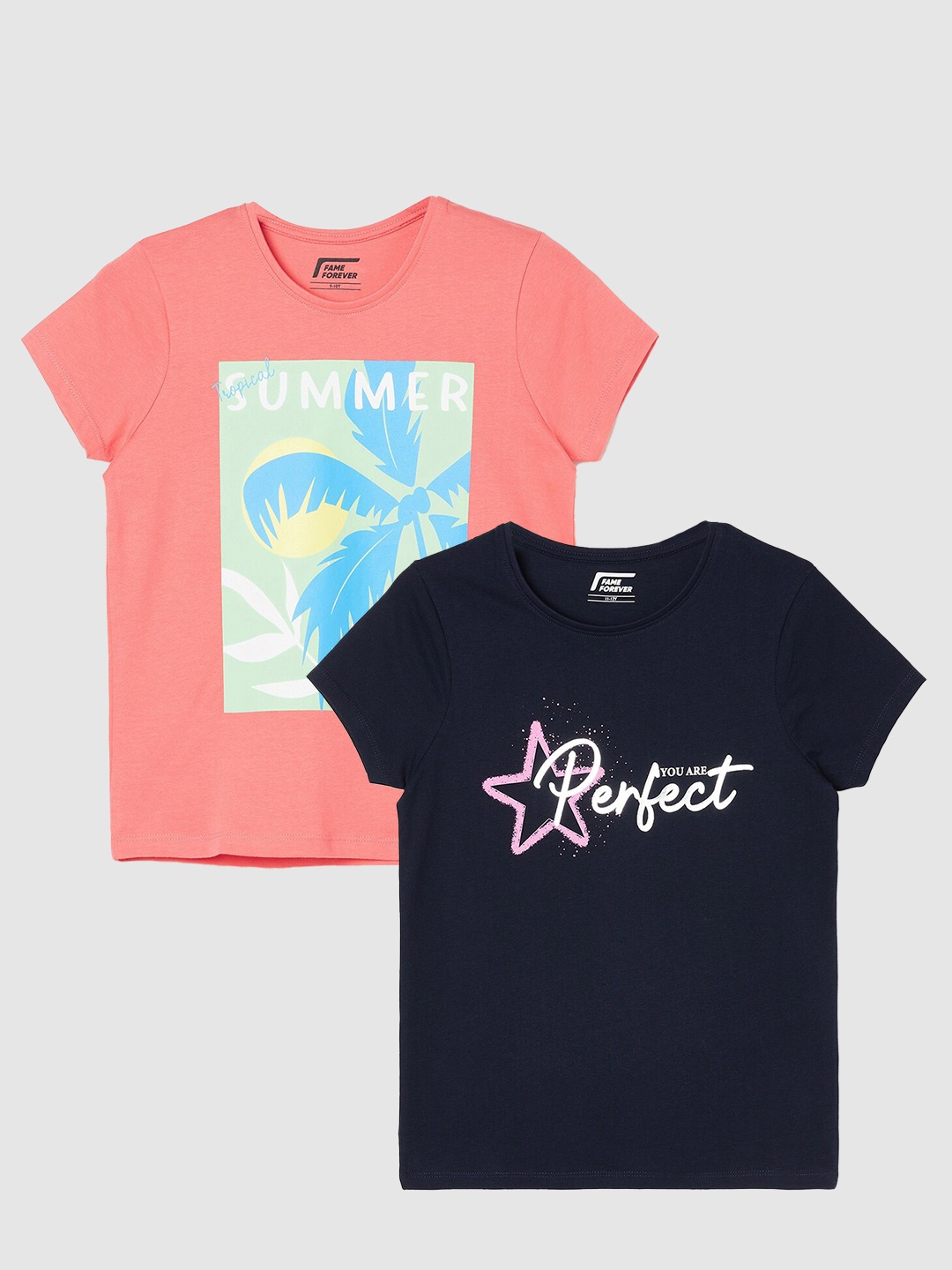 Fame Forever by Lifestyle Girls Pack Of 2 Printed Pure Cotton T-Shirts, Coral