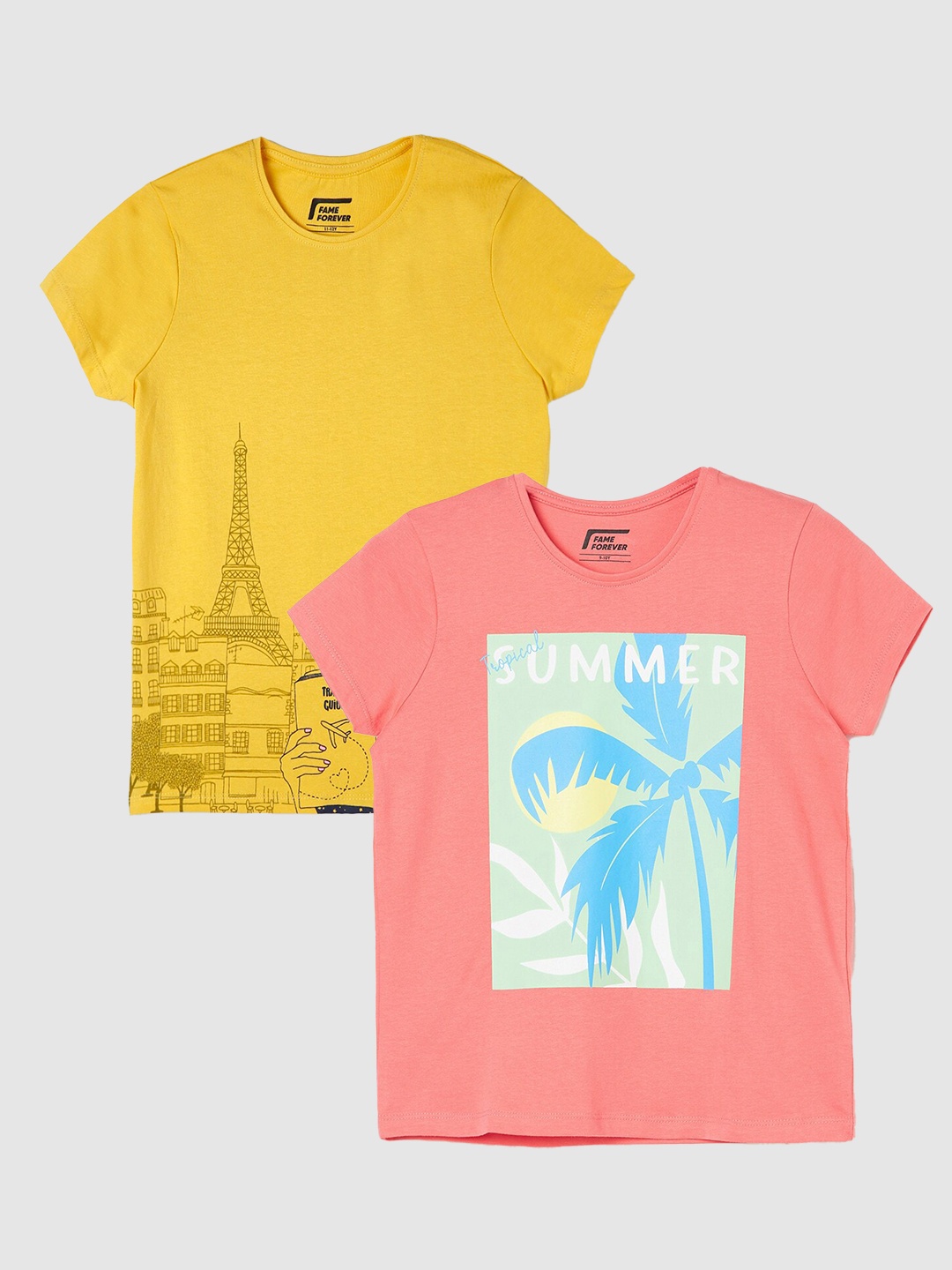 Fame Forever by Lifestyle Girls Pack Of 2 Printed Pure Cotton T-Shirts, Yellow