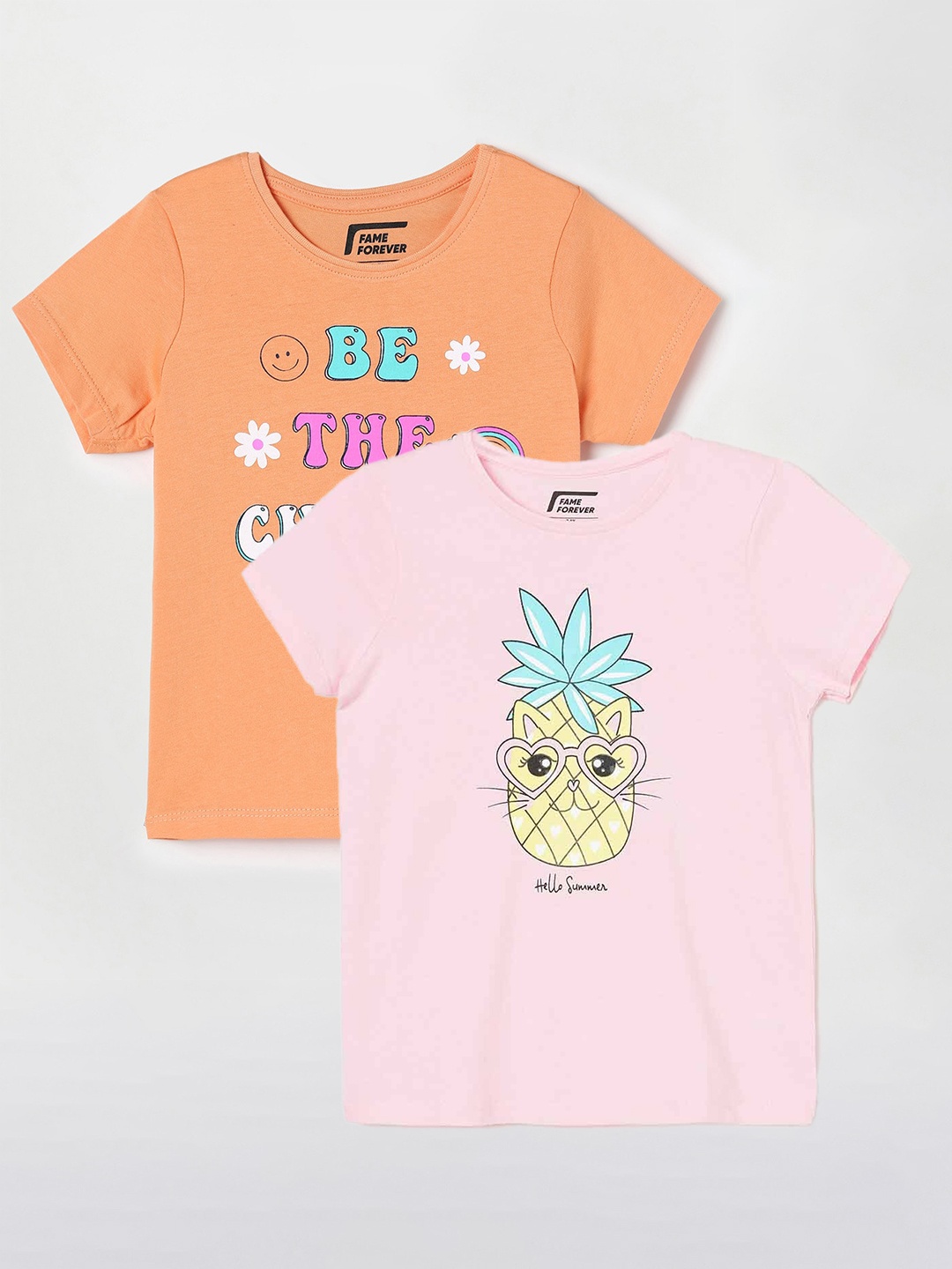 Fame Forever by Lifestyle Girls Pack Of 2 Printed Cotton T-shirts, Pink