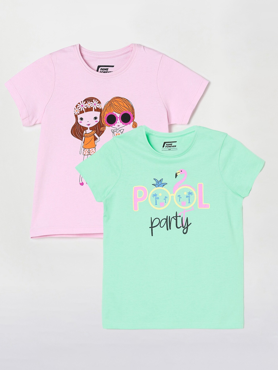 Fame Forever by Lifestyle Girls Pack Of 2 Printed Cotton T-shirts, Sea green
