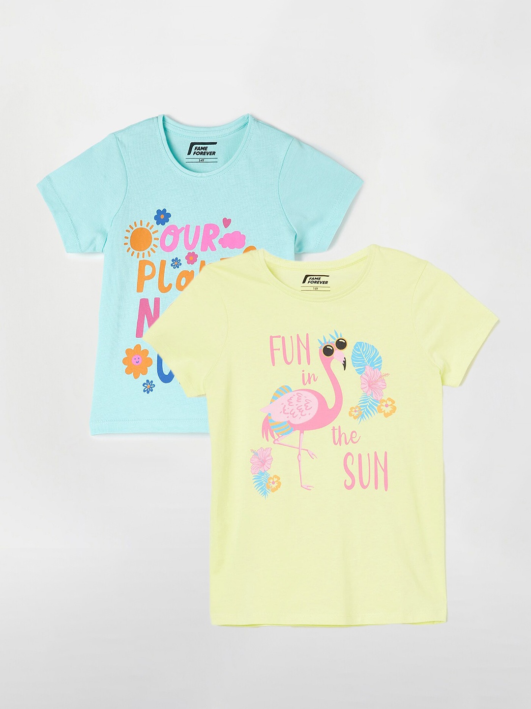 Fame Forever by Lifestyle Girls Pack Of 2 Printed Cotton T-shirts, Yellow