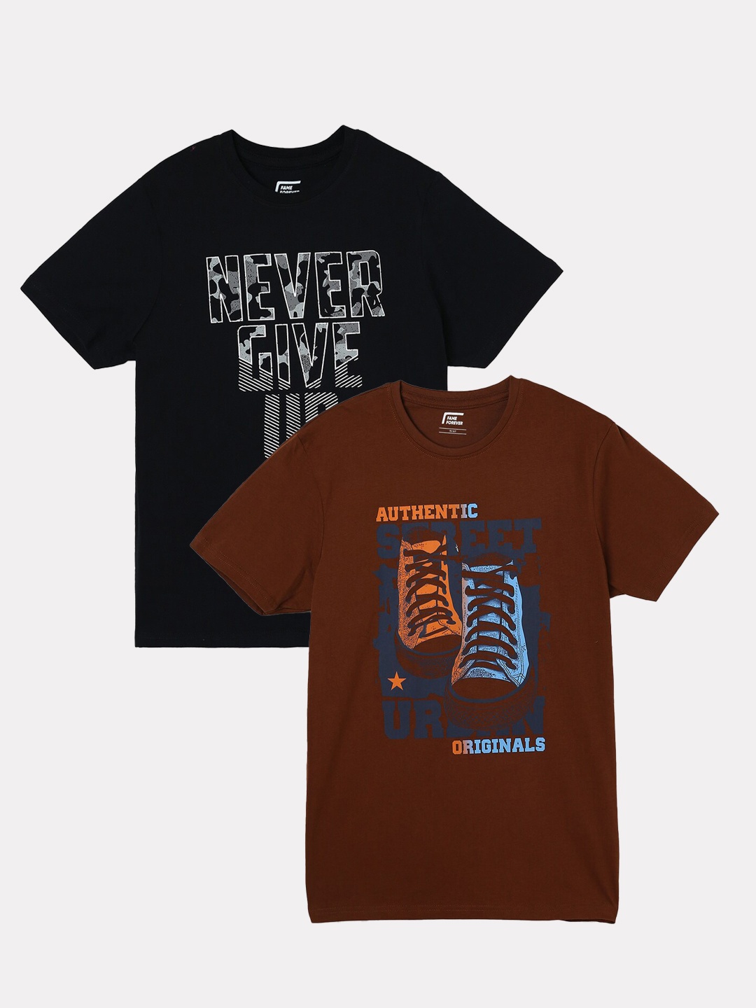 Fame Forever by Lifestyle Boys Pack Of 2 Printed Pure Cotton T-shirts, Brown