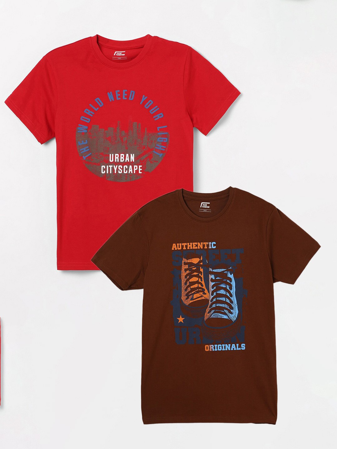 Fame Forever by Lifestyle Boys Pack Of 2 Typography Printed Pure Cotton T-Shirts, Brown
Fame Forever by Lifestyle Boys Pack Of 2 Typography Printed Pure Cotton T-Shirts, Brown