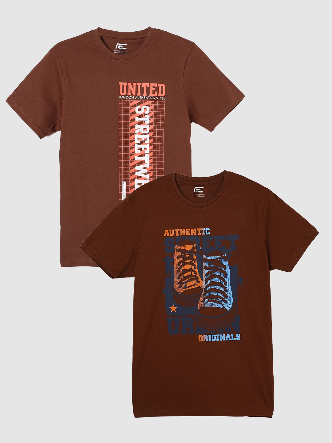 Fame Forever by Lifestyle Boys Pack Of 2 Printed Pure Cotton T-Shirts, Brown