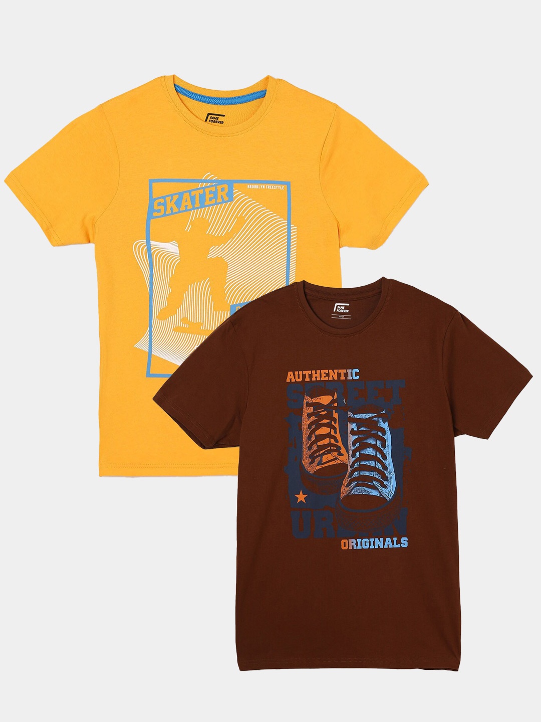 Fame Forever by Lifestyle Boys Pack Of 2 Printed Cotton Casual T-Shirts, Brown