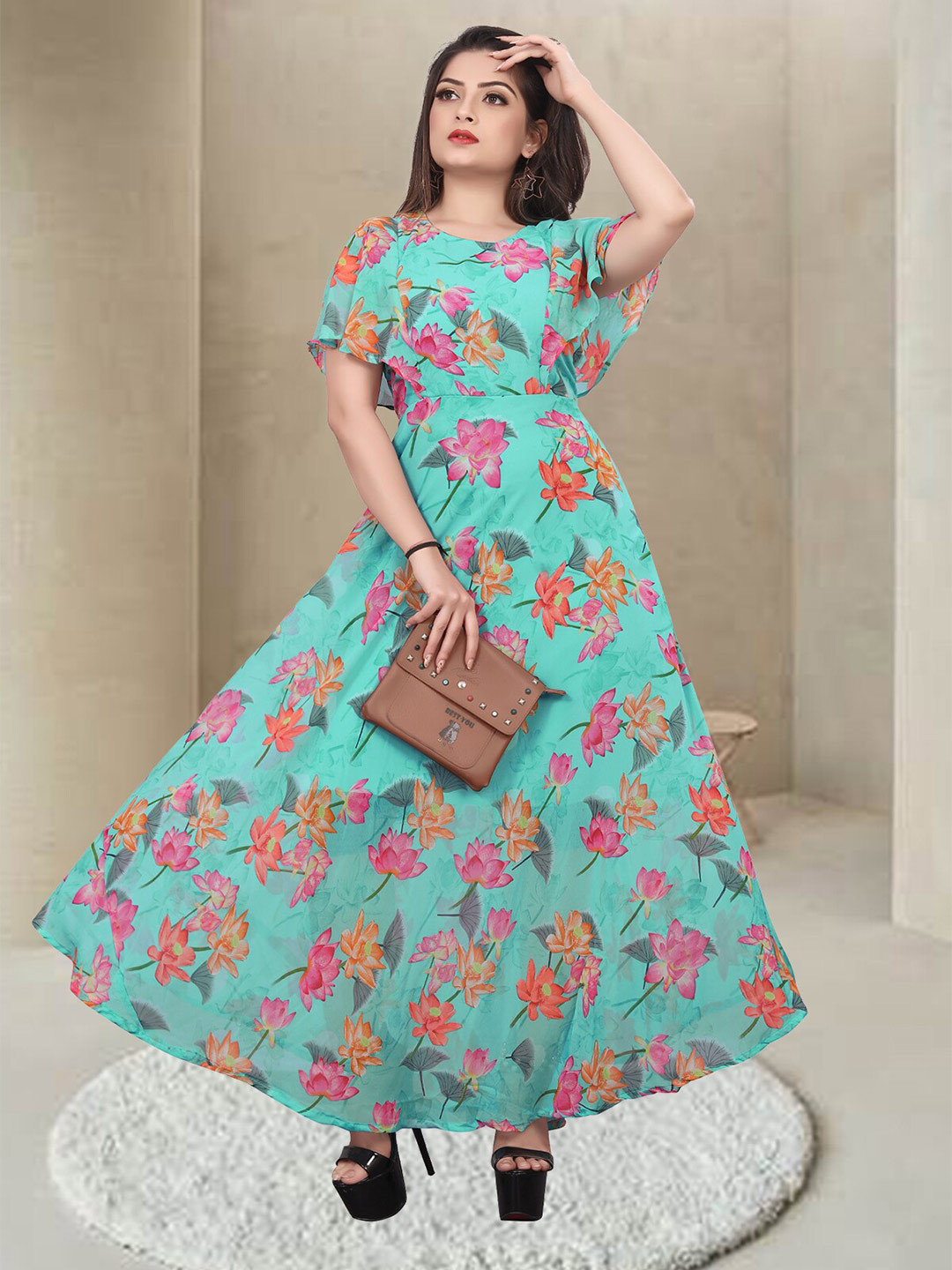 N N ENTERPRISE Floral Printed Flutter Sleeves Fit & Flare Maxi Dress, Turquoise blue
N N ENTERPRISE Floral Printed Flutter Sleeves Fit & Flare Maxi Dress, Turquoise blue
