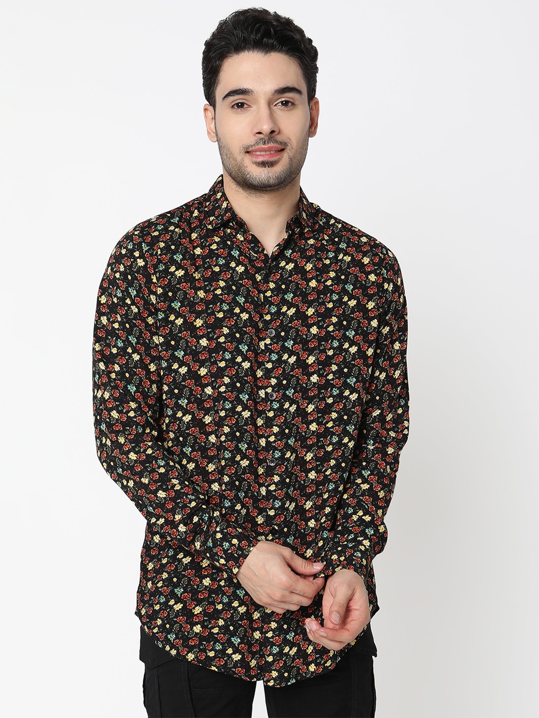 7Shores Classic Floral Printed Casual Shirt, Black