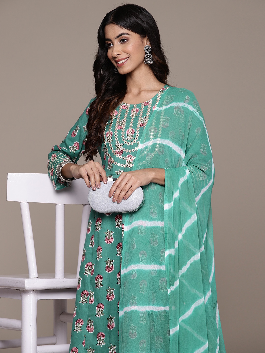 Ishin Floral Printed Mirror Work Pure Cotton Kurta with Trousers & Dupatta, Turquoise blue
Ishin Floral Printed Mirror Work Pure Cotton Kurta with Trousers & Dupatta, Turquoise blue