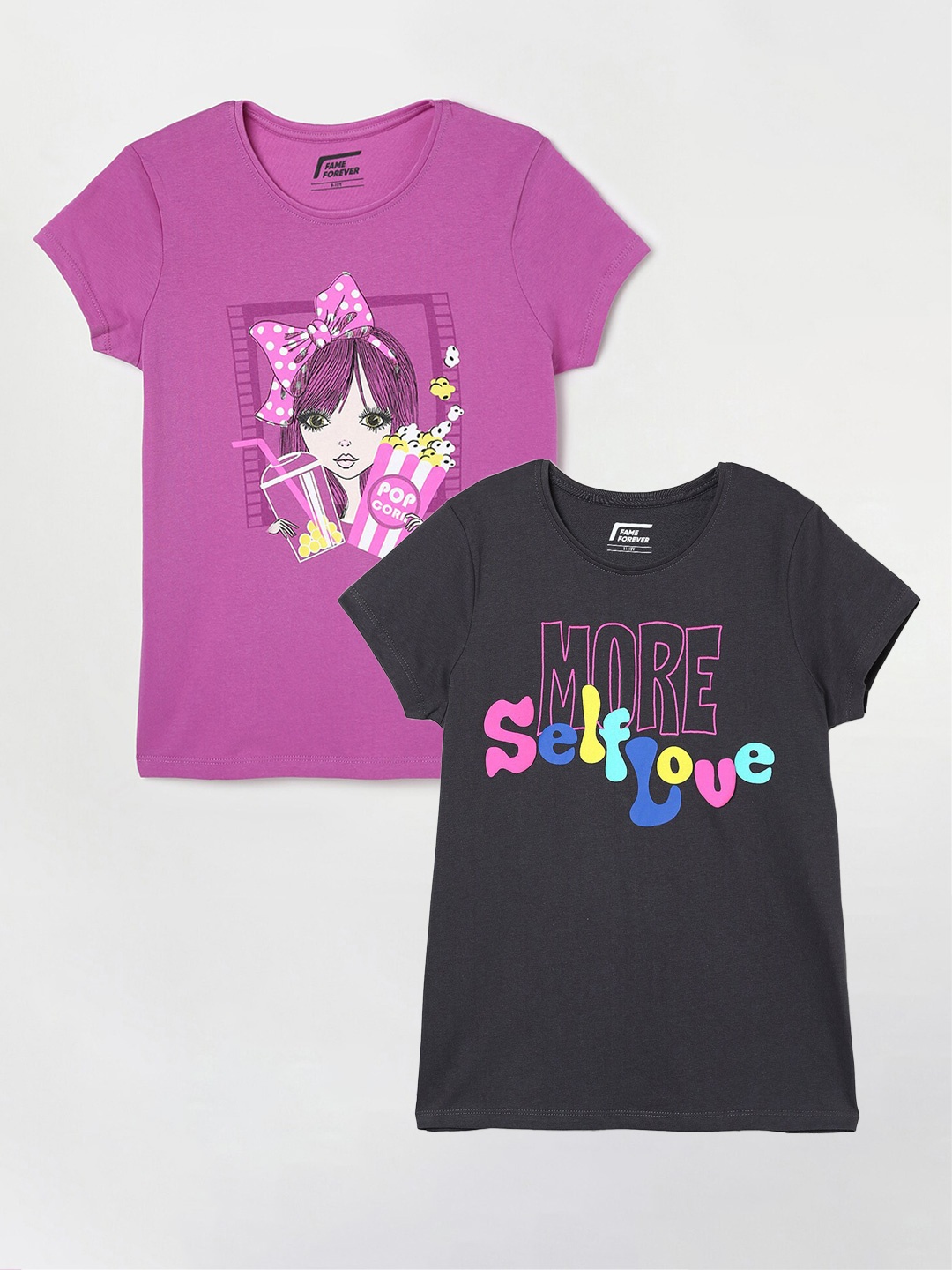 Fame Forever by Lifestyle Girls Pack Of 2 Printed Cotton T-Shirts, Grey