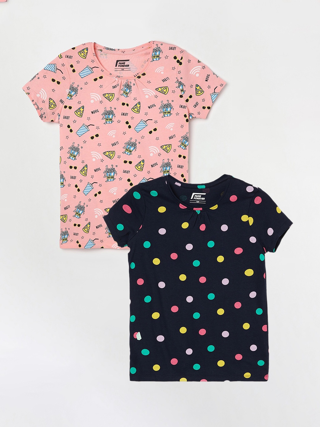 Fame Forever by Lifestyle Pack Of 2 Girls Printed Cotton T-Shirt, Navy blue