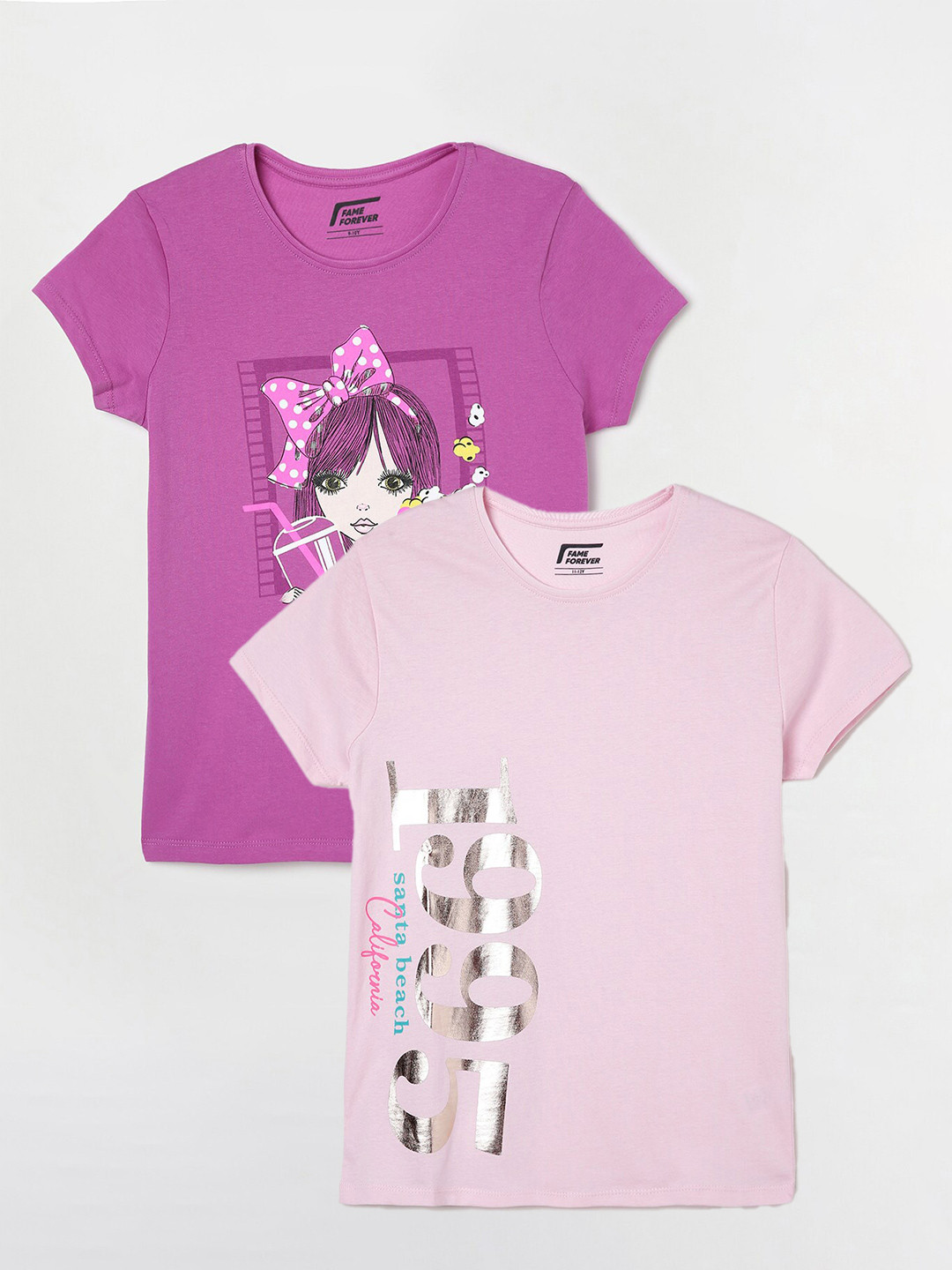 Fame Forever by Lifestyle Pack Of 2 Girls Printed Cotton T-Shirt, Pink 
Fame Forever by Lifestyle Pack Of 2 Girls Printed Cotton T-Shirt, Pink