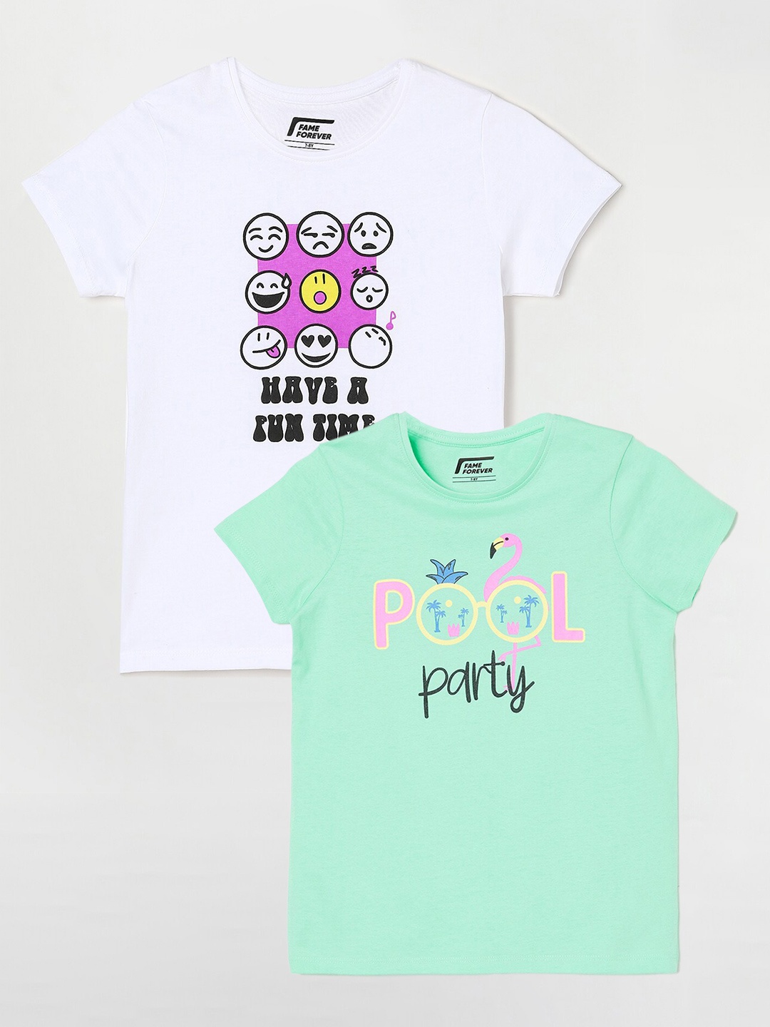 Fame Forever by Lifestyle Pack Of 2 Girls Printed Cotton T-Shirt, Sea green