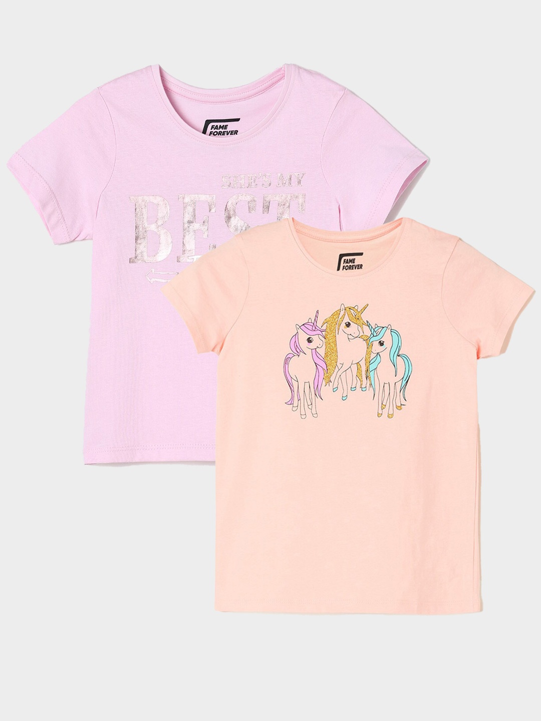 Fame Forever by Lifestyle Girls Pack Of 2 Printed Cotton T-shirt, Peach