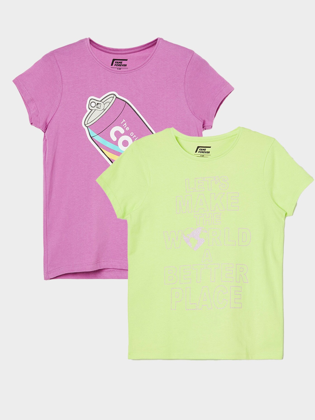 Fame Forever by Lifestyle Girls Pack Of 2 Printed Pure Cotton T-shirt, Lime green
Fame Forever by Lifestyle Girls Pack Of 2 Printed Pure Cotton T-shirt, Lime green