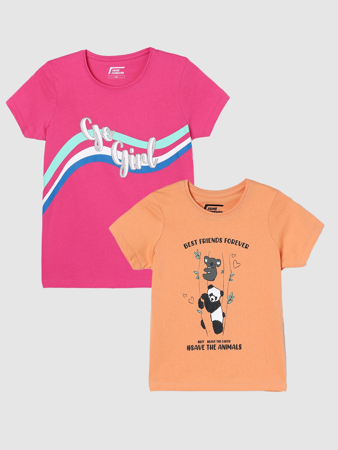 Fame Forever by Lifestyle Girls Pack Of 2 Printed Cotton T-Shirts, Orange