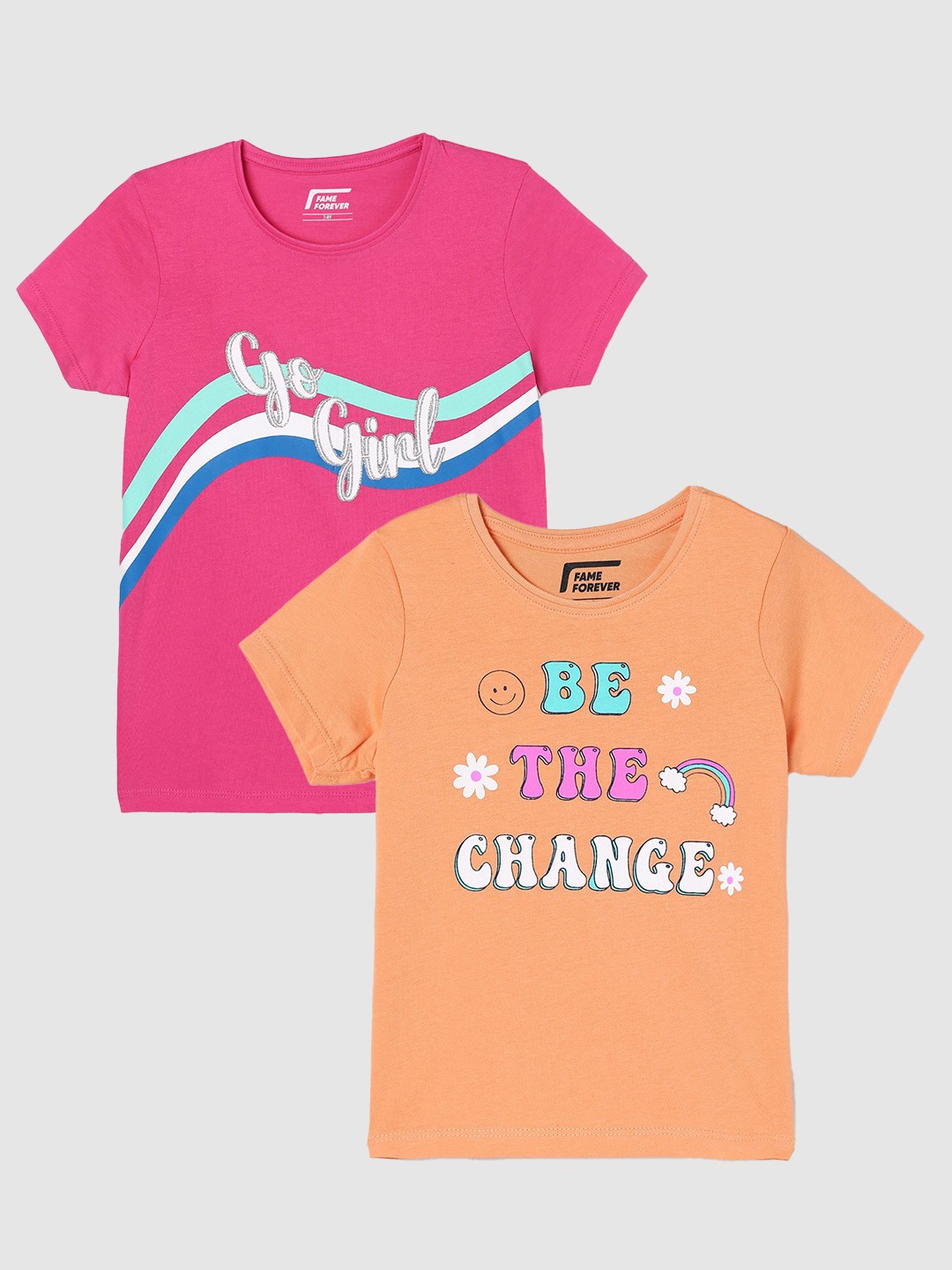 Fame Forever by Lifestyle Girls Pack Of 2 Typography Printed Cotton T-Shirts, Orange