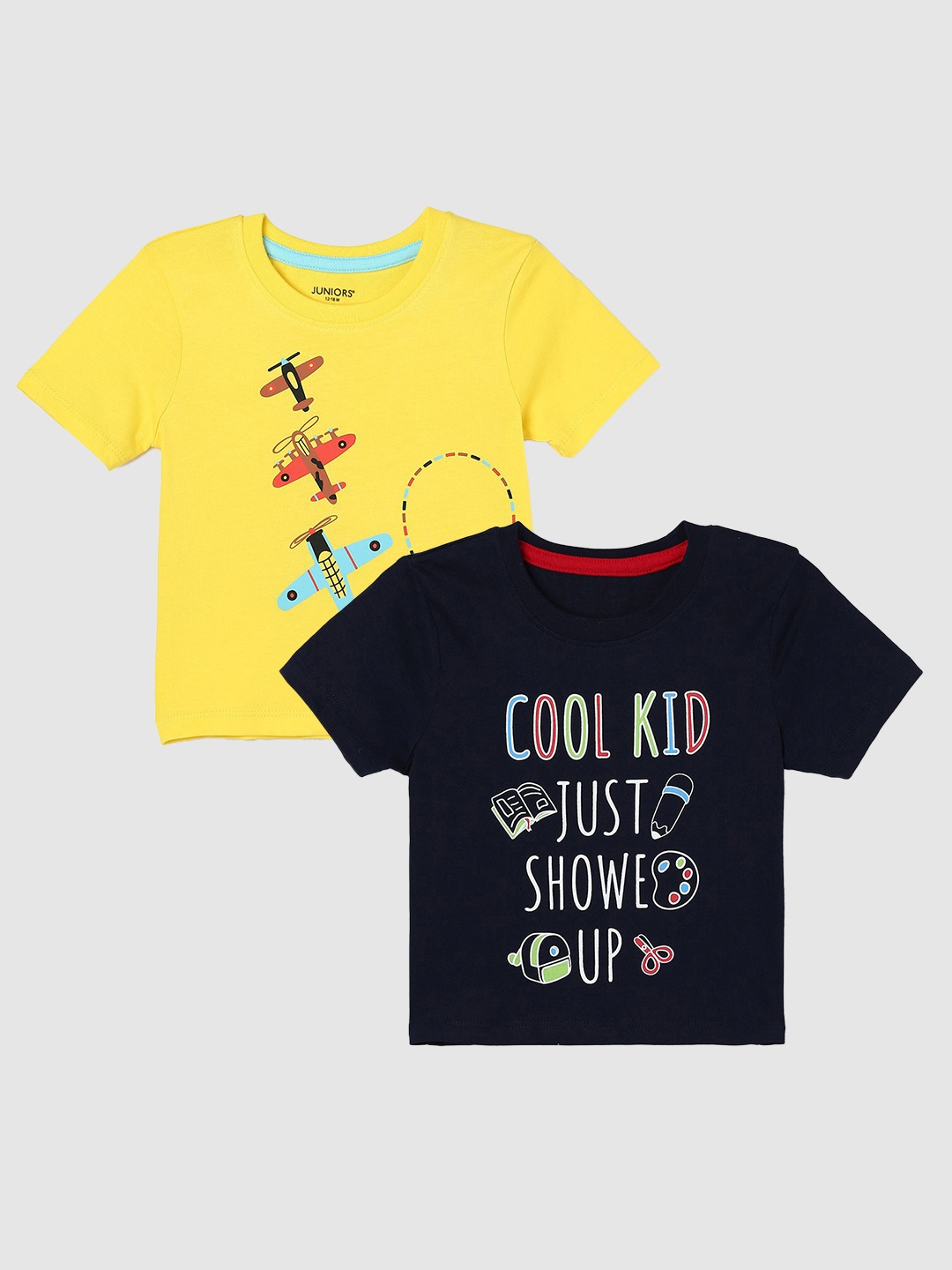 Juniors by Lifestyle Boys Pack Of 2 Printed Cotton T-Shirts, Navy blue