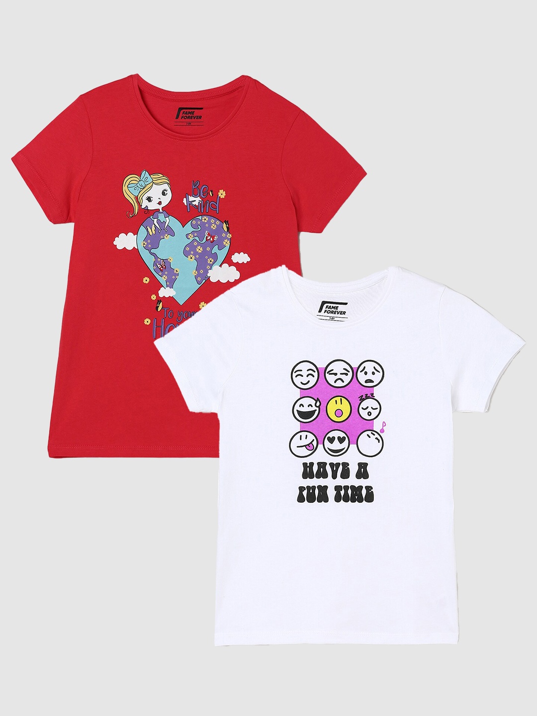 Fame Forever by Lifestyle Girls Pack Of 2 Graphic Printed Cotton T-Shirts, White