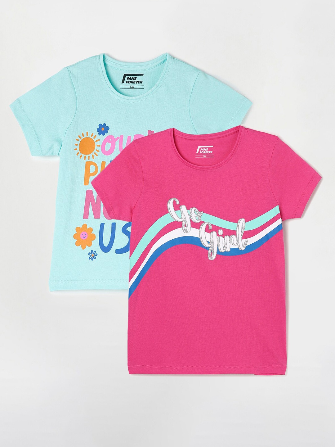 Fame Forever by Lifestyle Girls Pack Of 2 Typography Printed Cotton T-Shirts, Pink