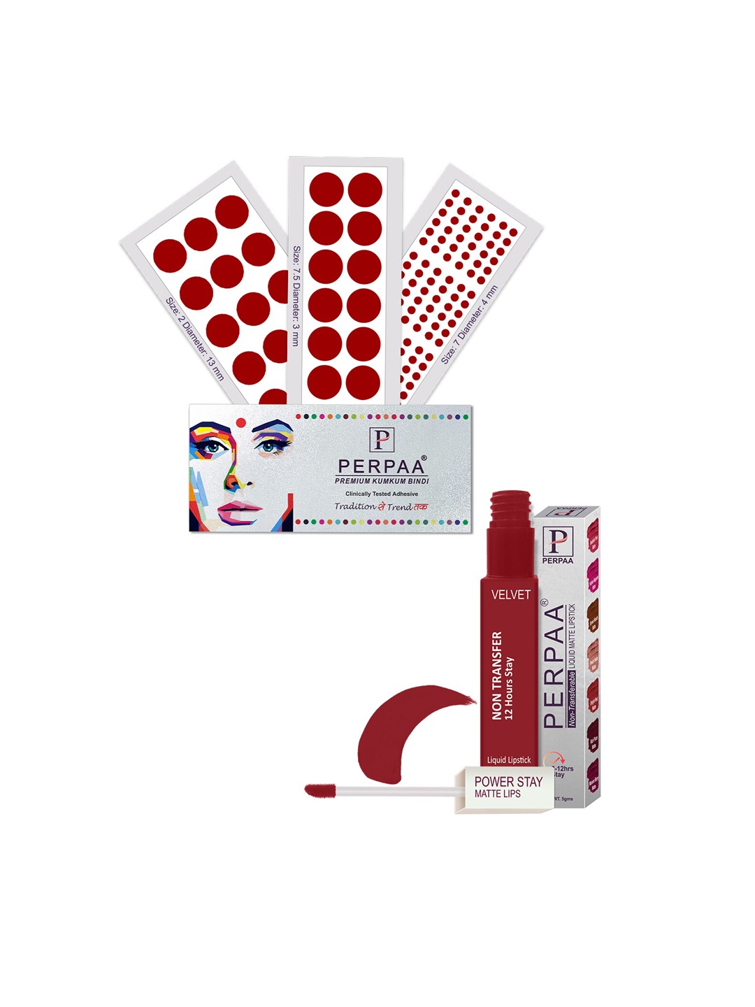 PERPAA Power Stay Non Transfer Lipstick-22 & Set of 3 Premium Red Bindis - Size 7.5,02,07
PERPAA Power Stay Non Transfer Lipstick-22 & Set of 3 Premium Red Bindis - Size 7.5,02,07