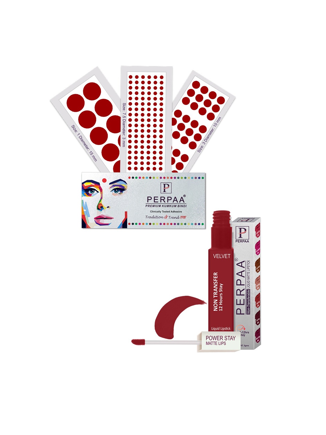 PERPAA Power Stay Non Transfer Lipstick-22 & Set of 3 Premium Bindis - Size 7.5,01,03, Maroon
PERPAA Power Stay Non Transfer Lipstick-22 & Set of 3 Premium Bindis - Size 7.5,01,03, Maroon