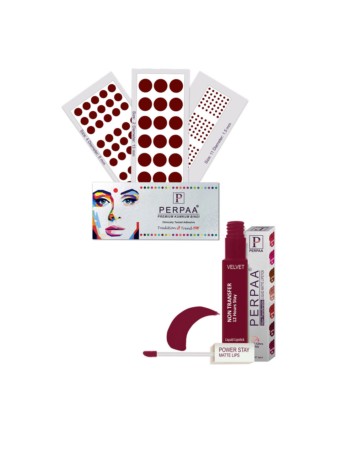 PERPAA Power Stay Non Transfer Lipstick - Shade 09 & Set of 3 Premium Dark Maroon Bindis
PERPAA Power Stay Non Transfer Lipstick - Shade 09 & Set of 3 Premium Dark Maroon Bindis