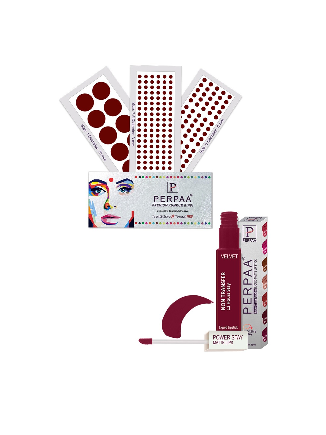 PERPAA Power Stay Non Transfer Lipstick - Shade 09 & Set of 3 Premium Dark Maroon Bindis
PERPAA Power Stay Non Transfer Lipstick - Shade 09 & Set of 3 Premium Dark Maroon Bindis