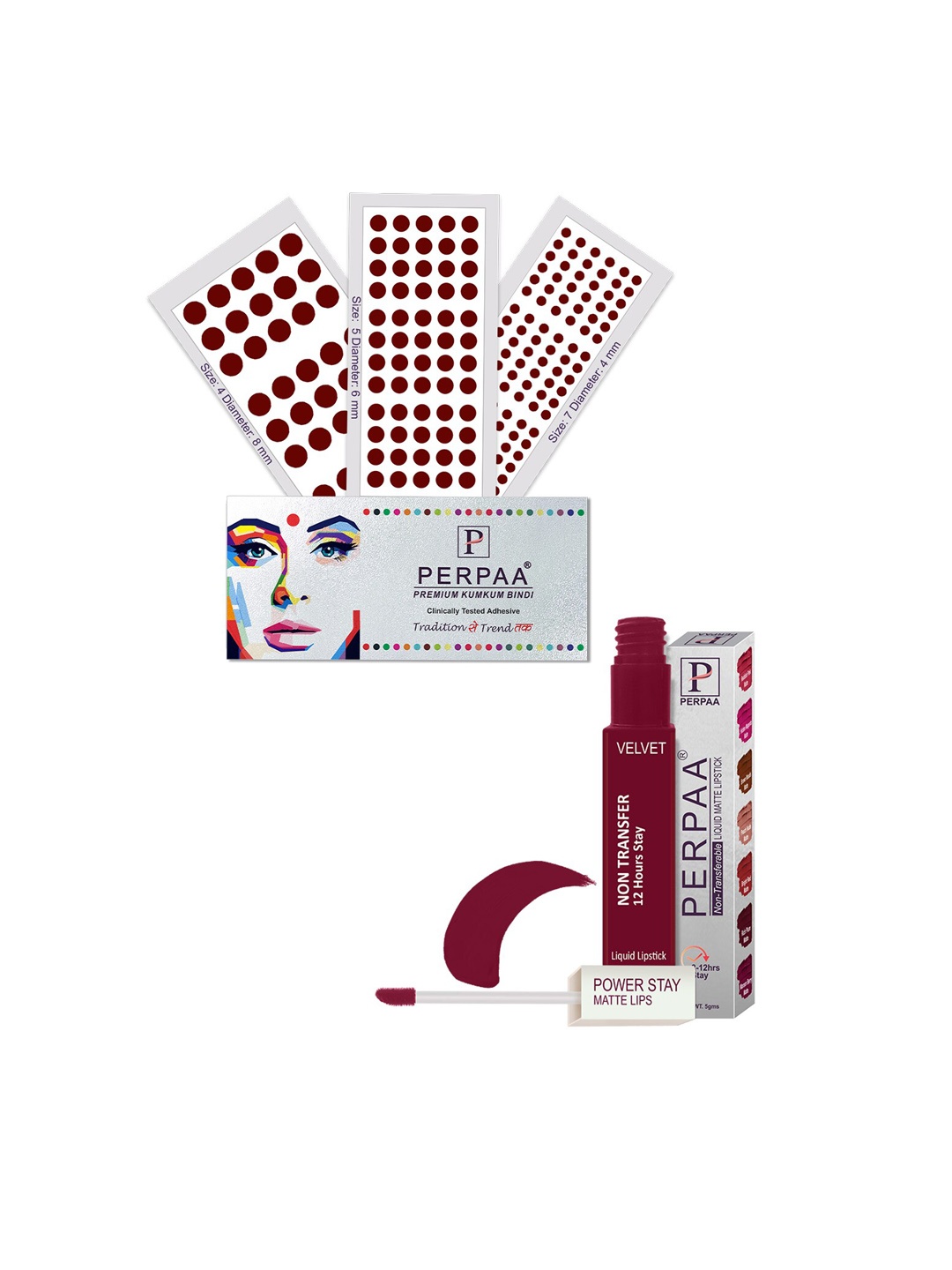 PERPAA Power Stay Non Transfer Lipstick - Shade 09 & Set of 3 Premium Dark Maroon Bindis
PERPAA Power Stay Non Transfer Lipstick - Shade 09 & Set of 3 Premium Dark Maroon Bindis