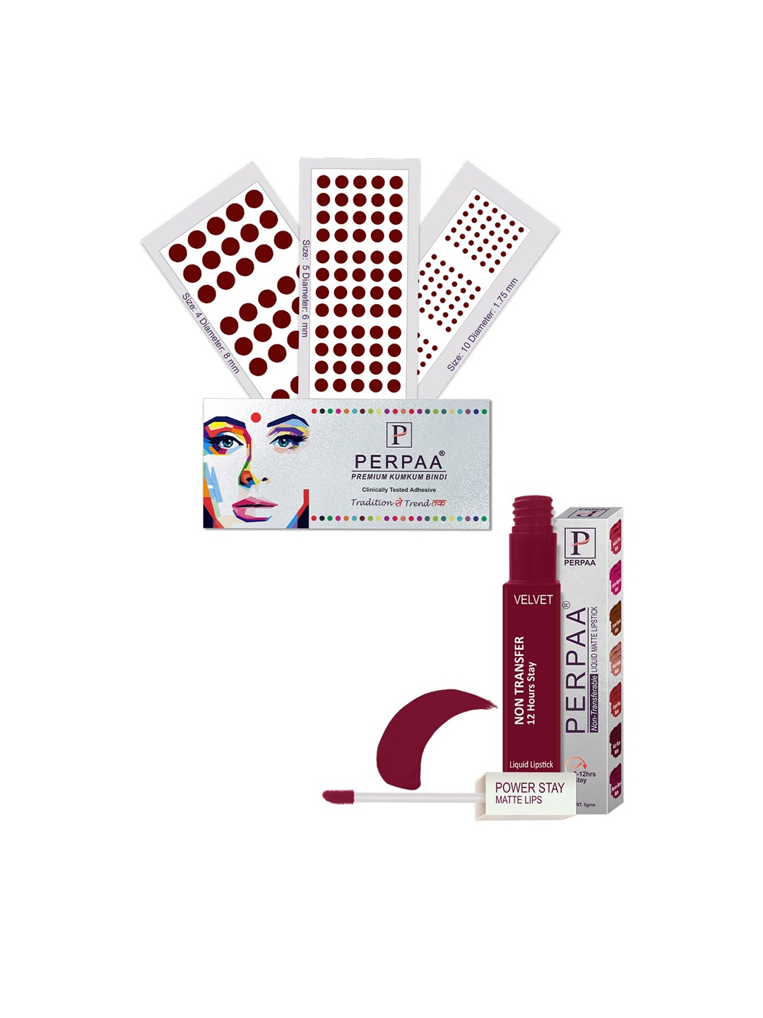 PERPAA Power Stay Non Transfer Lipstick - Shade 09 & Set of 3 Premium Dark Maroon Bindis
PERPAA Power Stay Non Transfer Lipstick - Shade 09 & Set of 3 Premium Dark Maroon Bindis