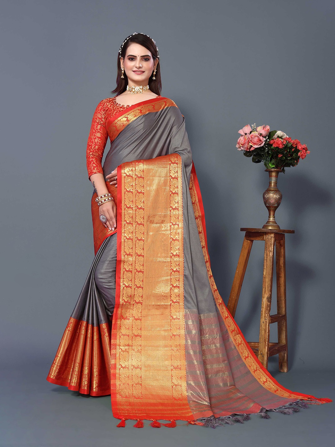 Mitera Zari Silk Cotton Banarasi Saree, Grey