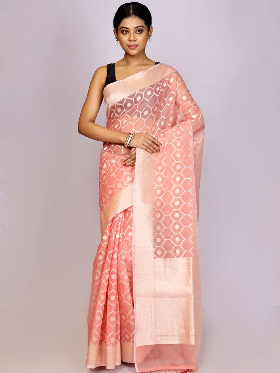 AllSilks Woven Design Zari Silk Cotton Saree, Pink