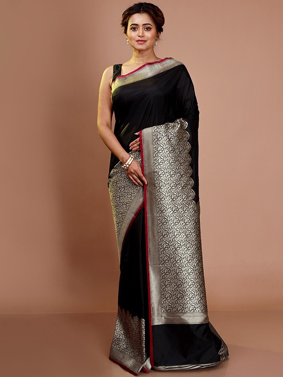 AllSilks Floral Woven Design Zari Saree, Black