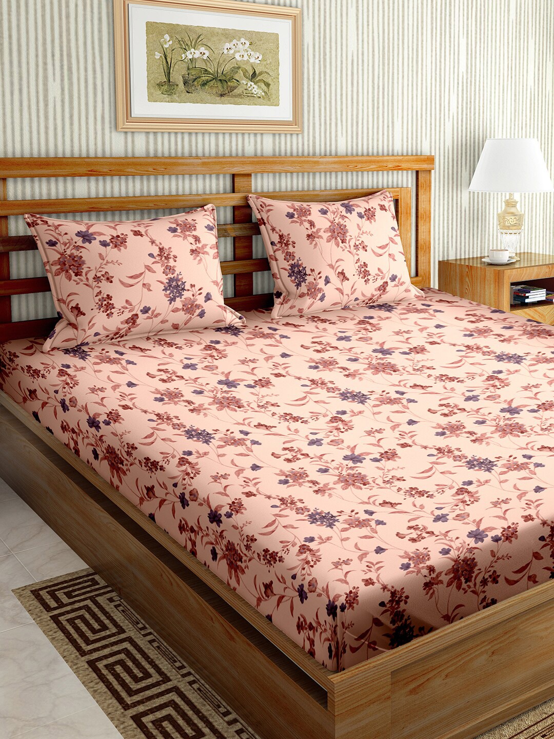 BELLA CASA Stella Collection Brown Printed 180 TC Cotton King Bedsheet & 2 Pillow Covers