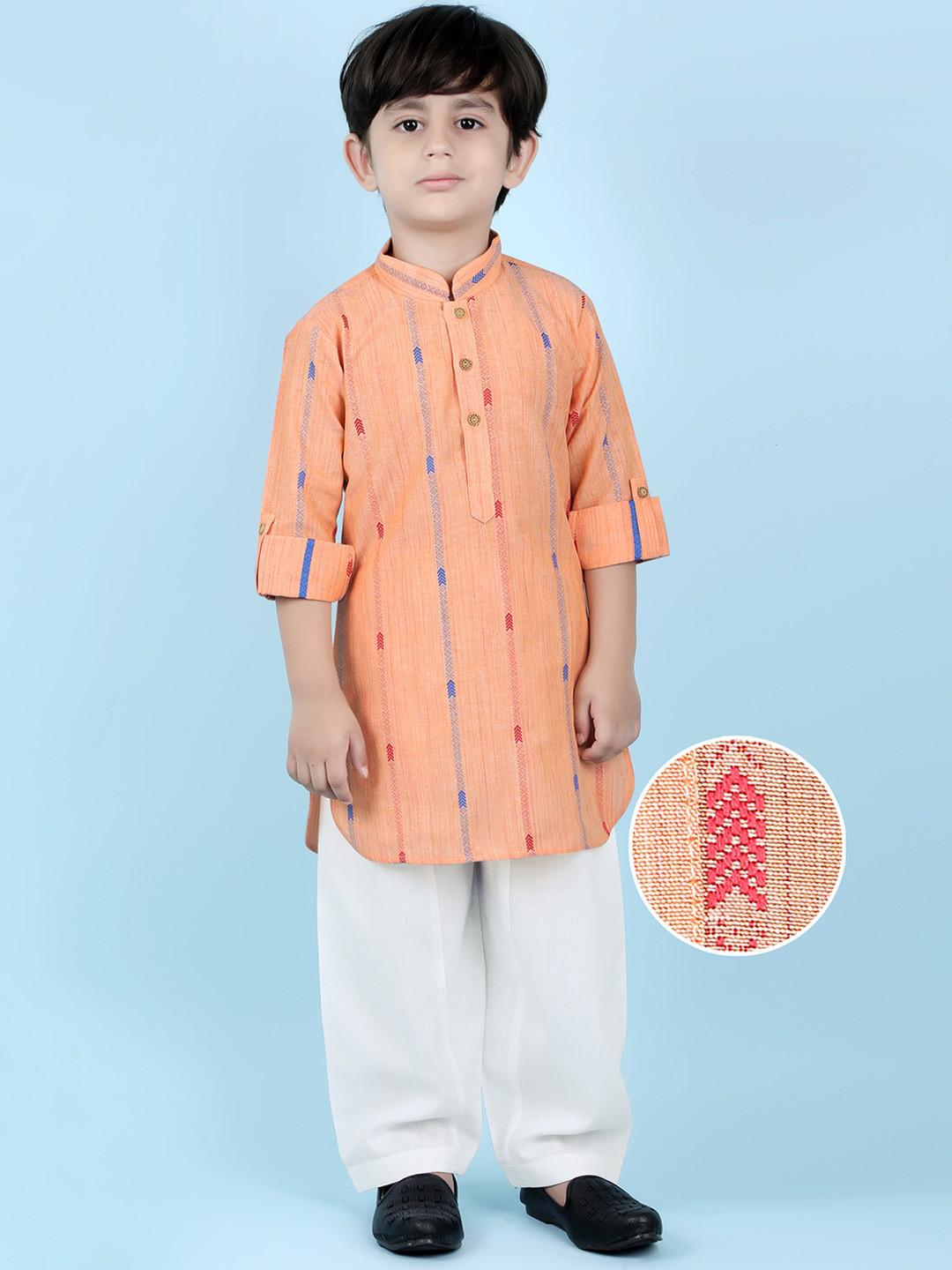 KIDS FARM Boys Ethnic Motifs Woven Design Pure Cotton Pathani Kurta With Pyjamas, Orange
KIDS FARM Boys Ethnic Motifs Woven Design Pure Cotton Pathani Kurta With Pyjamas, Orange