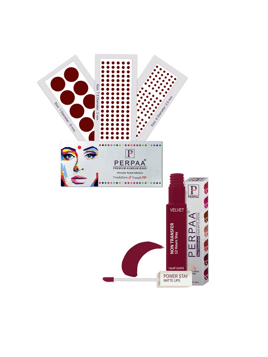 PERPAA Power Stay Non Transfer Lipstick-09 & Set of 3 Premium Maroon Bindis-Size 7.5,01,08
PERPAA Power Stay Non Transfer Lipstick-09 & Set of 3 Premium Maroon Bindis-Size 7.5,01,08
