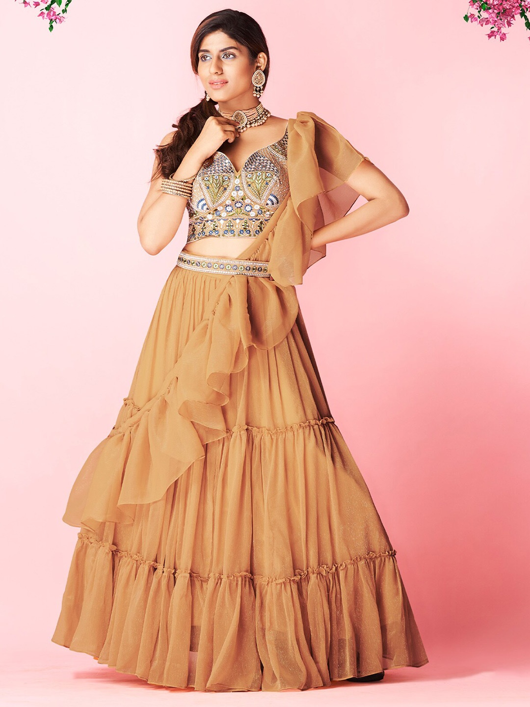 ODETTE Embroidered Thread Work Tiered Semi-Stitched Lehenga & Blouse With Dupatta, Brown
ODETTE Embroidered Thread Work Tiered Semi-Stitched Lehenga & Blouse With Dupatta, Brown